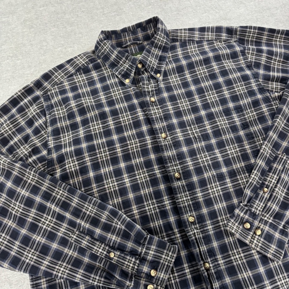 Eddie Bauer Mens L Plaid Button Down Shirt Navy Blue Grey Cotton Long Sleeve